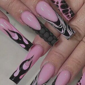 2 SETS Long Pink & Black Flame Fire French Coffin Square Ballet Press On Nails